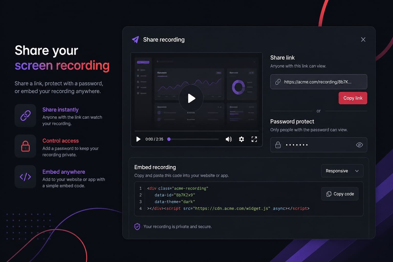 A share page with a video player, a copy-link field and an embed snippet