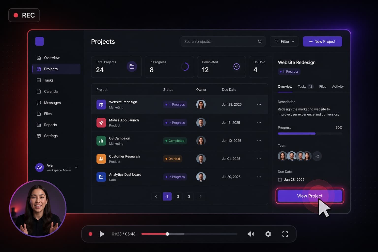 A product interface being demonstrated, with a cursor on a highlighted button and a REC badge