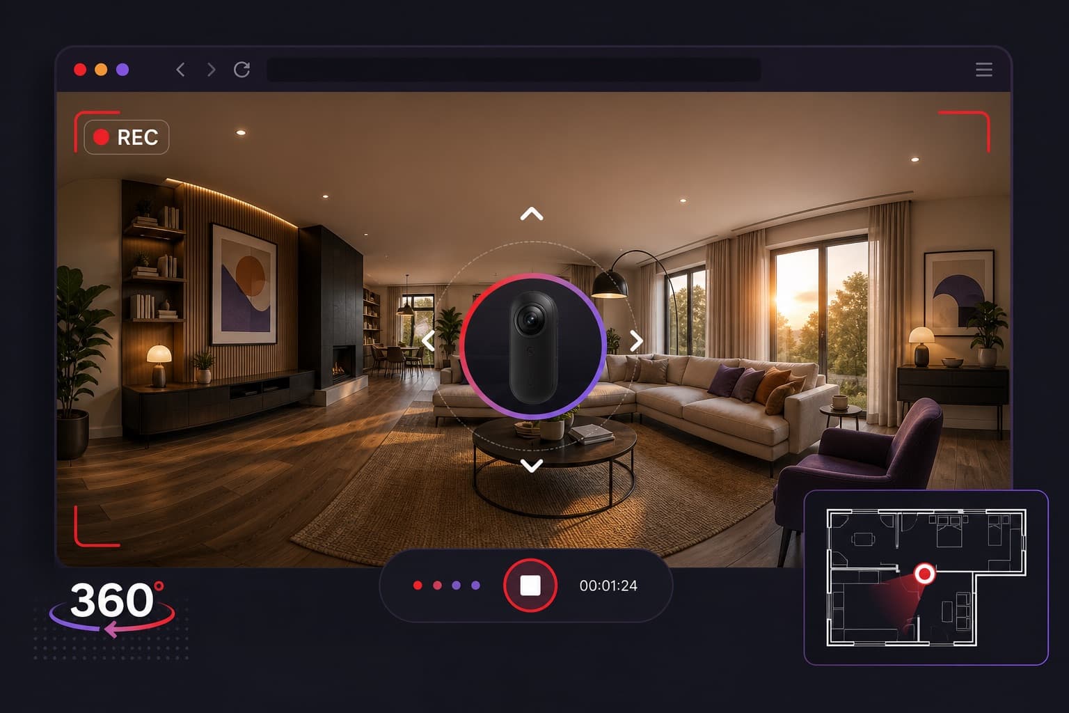 A 360-degree property tour in a browser, with a red recording overlay and camera bubble