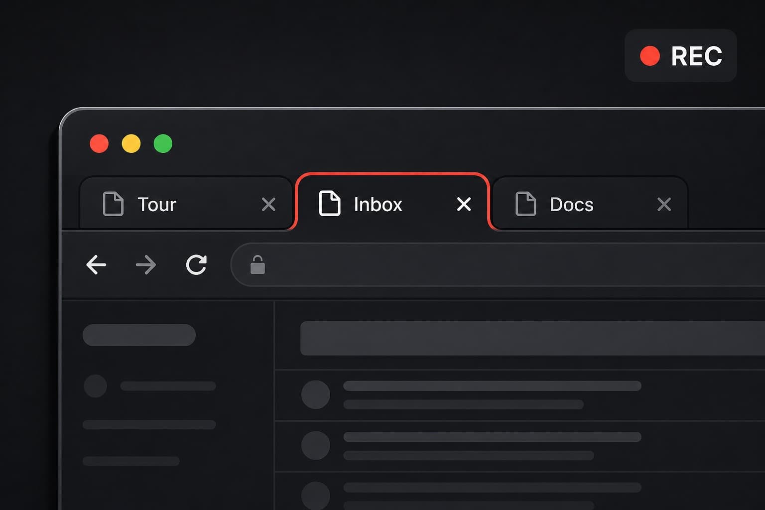 A browser window with three tabs, the middle tab outlined in red as the recording source