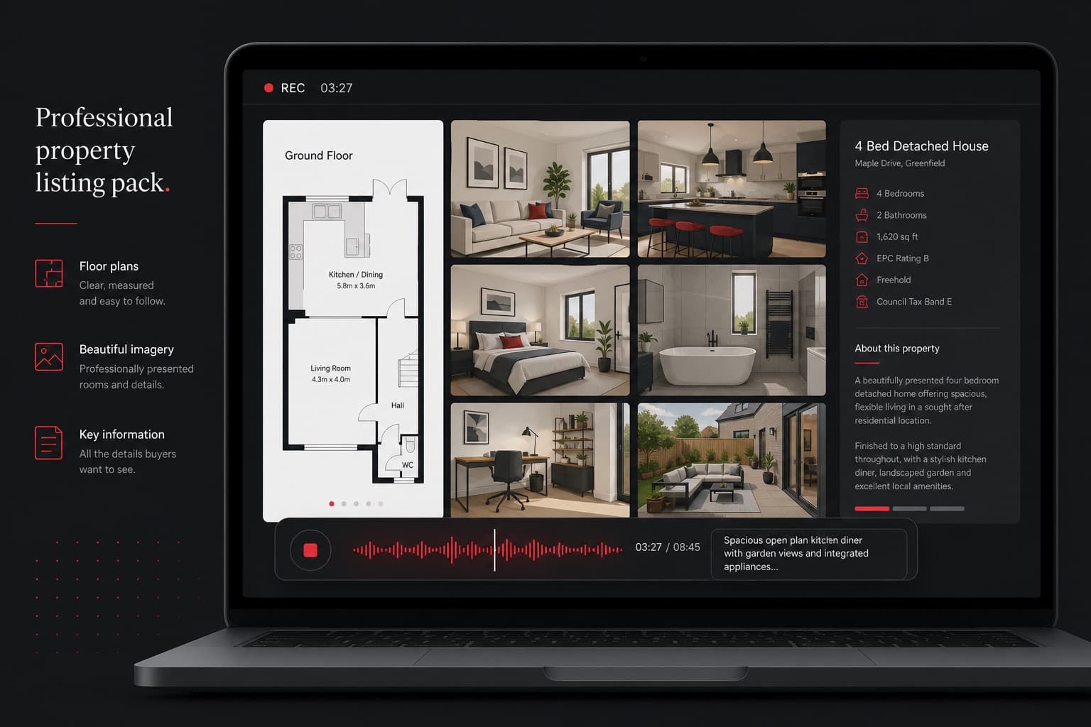 A property listing pack on a laptop — floor plan, room photos and a red recording overlay
