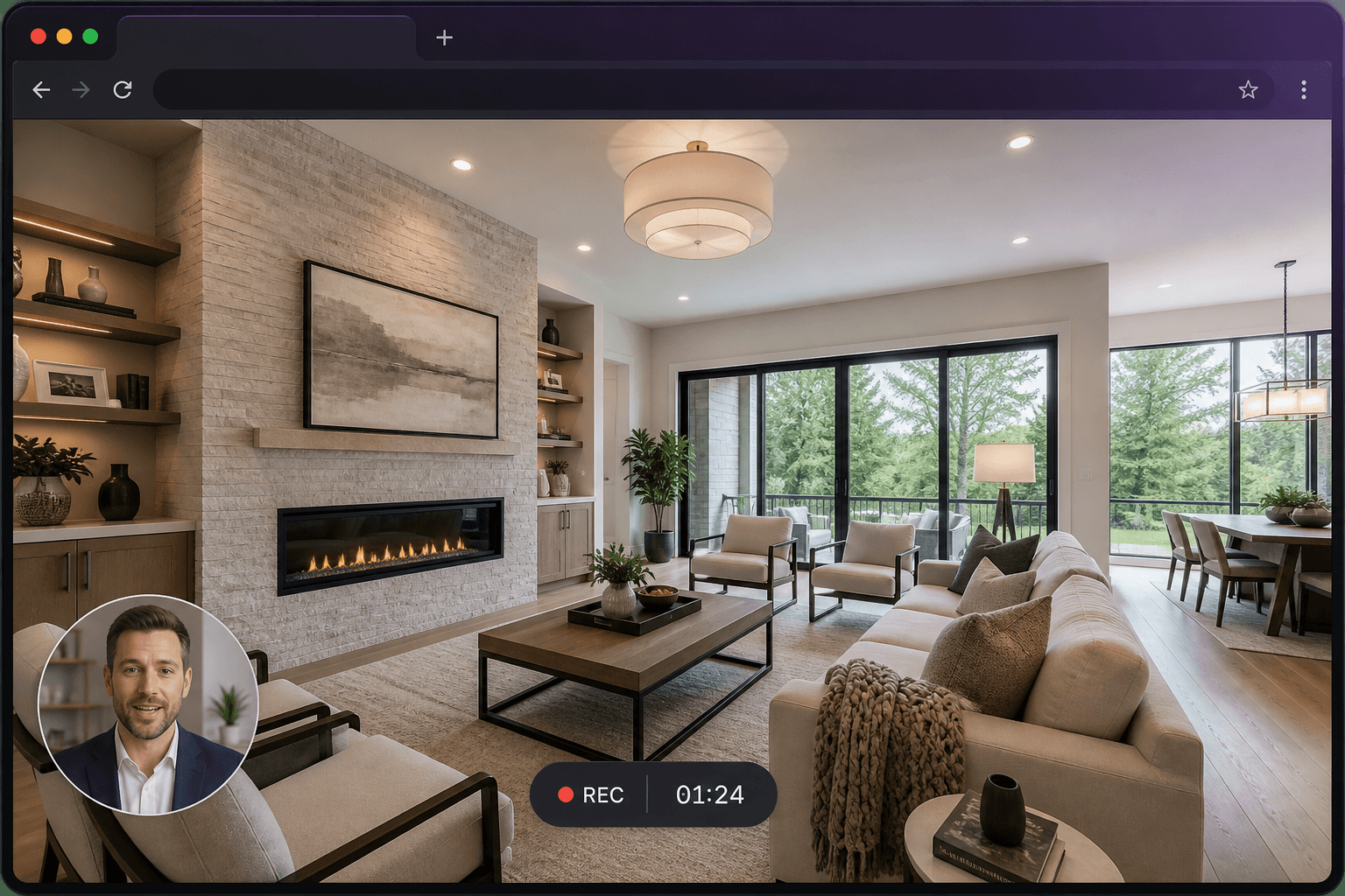 Screen Record capturing a property walkthrough in the browser, with camera overlay and live recording controls